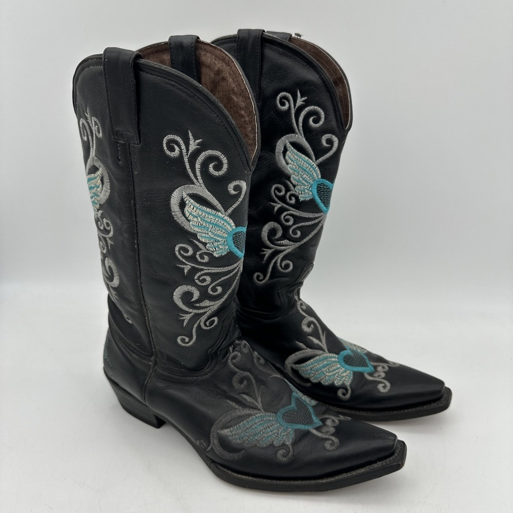 Pecos Bill Womens Size 9.5 Black Leather Embroidered Heart wings Pointy Cowgirl